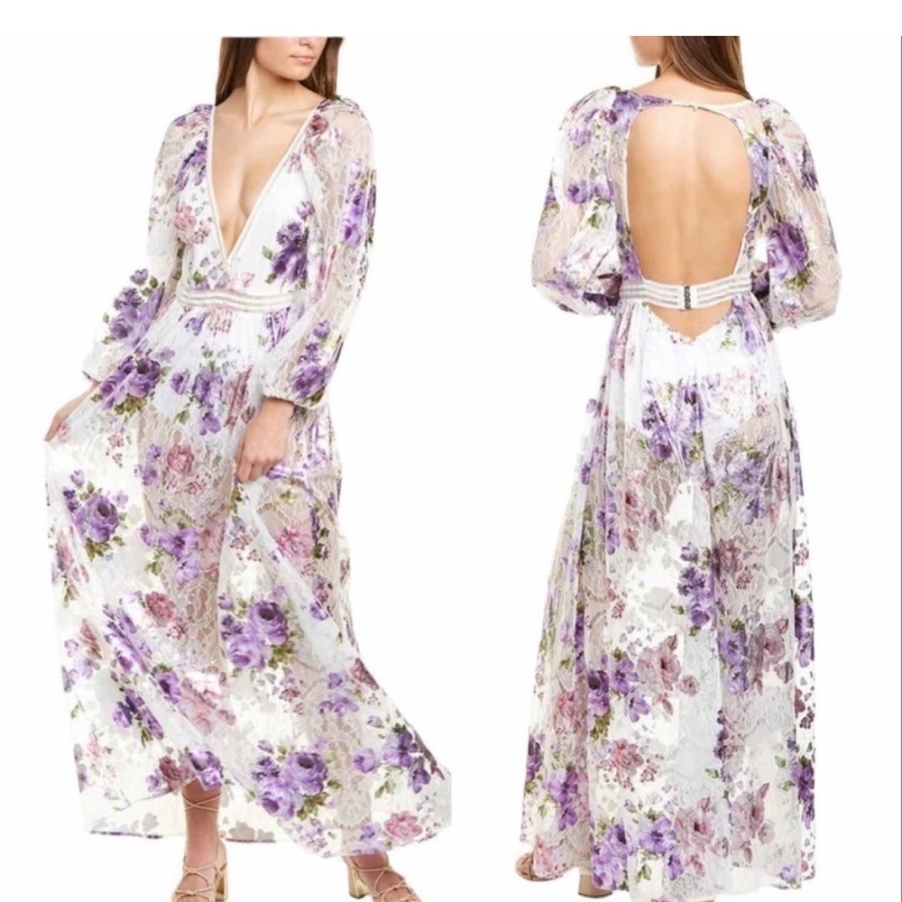 For Love & Lemons Wildflower Purple and White Foil Floral Maxi Dress